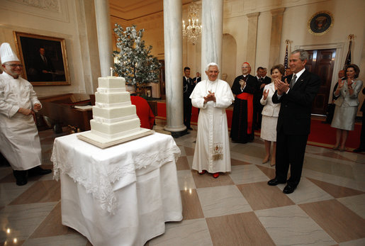 Pope Benedict XVI celebrates his 81st birthday with U.S. President George W. Bush and his wife, Laura. The White House, Washington D.C.