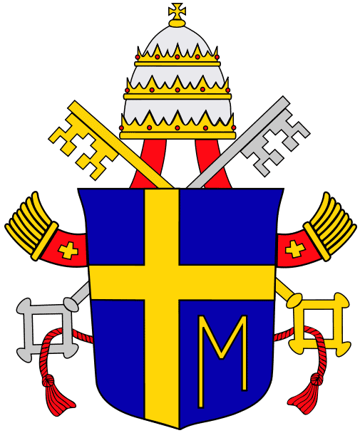 Coat of Arms of Pope John Paul II with the Marian Cross. The Letter M is for Mary, the mother of Jesus, to whom he held strong devotion
