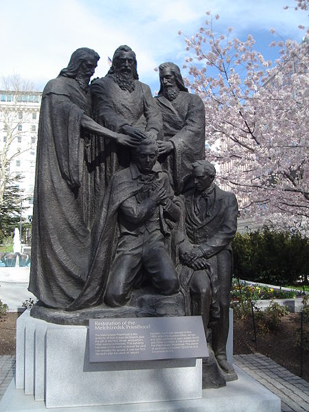 Bronze statue on the LDS Church's Temple Square (Salt Lake City, Utah, USA) depicting Peter, James, and John conferring the Melchizedek priesthood in 1829 on Joseph Smith and Oliver Cowdery