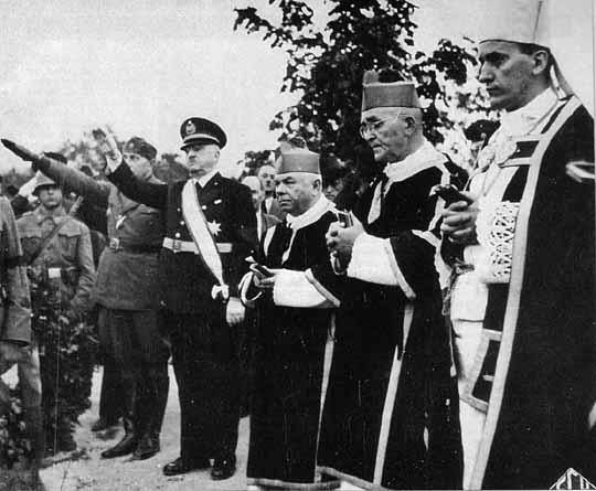 In 1998 the Croatian war-time Archbishop Aloysius Stepinac (far right, pictured in 1944) was declared a martyr and beatified by John Paul II