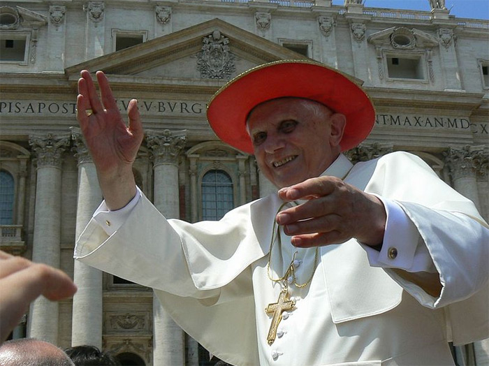 Pope Benedict XVI wearing Cappello Romano during an open-air Mass in 2007