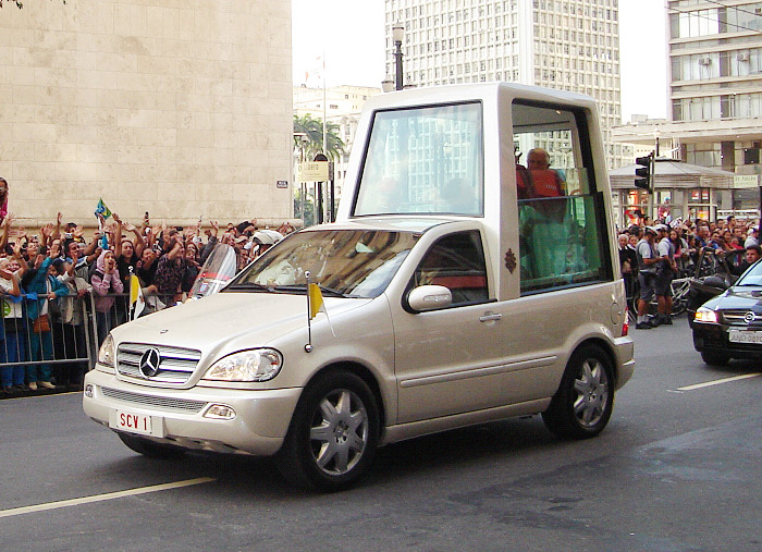 Pope Benedict XVI in a Mercedes-Benz popemobile in Sao Paulo, Brazil