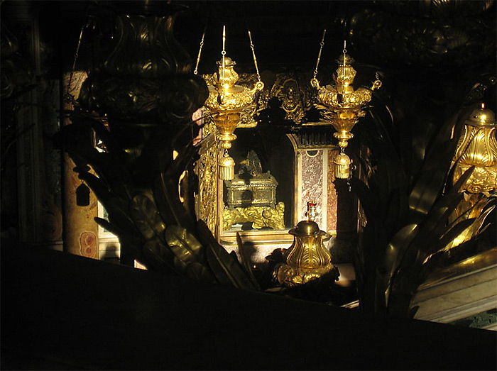 Looking down into the confessio near the tomb of Apostle Peter, Saint Peter's Basilica, Rome.